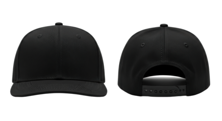 Two plain black structured cotton twill baseball caps, one front-facing, one back-facing with snapback, isolated on a transparent studio background. Blank apparel template