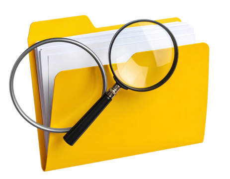 Yellow file folder with magnifying glass on top, document search icon concept, isolat