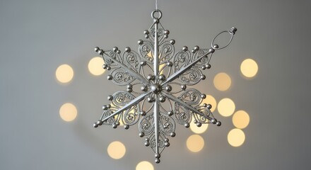 Obraz premium Elegant silver snowflake ornament sparkles with festive bokeh lights creating a magical winter holiday atmosphere