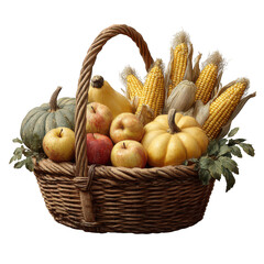 Bountiful autumn harvest basket for thanksgiving filled with fresh corn, apple, squash, and other fruit and vegetable. rustic food display representing abundance