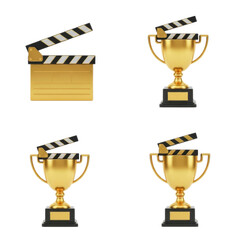 Four 3D rendered images: one clapperboard and three golden trophies with clapperboards on top, isolated on a white background.