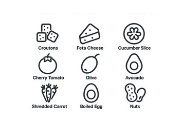 Icon set of salad ingredients: croutons, cheese, vegetables, eggs, nuts