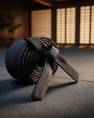 Masters Black Belt Rolled on Tatami Floor in Traditional Dojo Setting.