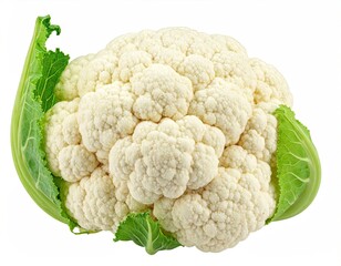 Fresh Raw Cauliflower Head with Green Leaves Closeup Against White Backdrop Health and Nutrition Concept