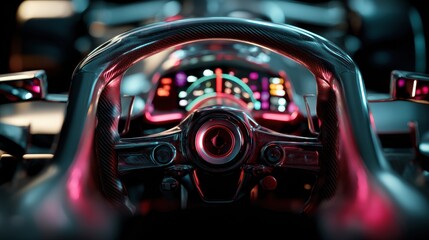 Neon-Drenched Cockpit - An Intense Drivers-Eye View of a High-Tech Racing Wheel.