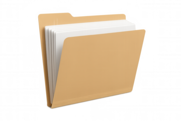 Brown file folder containing documents, representing data organization, archive, and office administration on transparent background