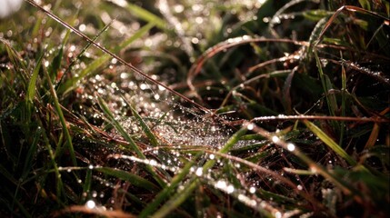 Dew-kissed grass, spider web