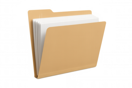 Brown file folder containing documents, representing data organization, archive, and office administration on transparent background