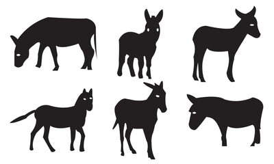 A collection of six black donkey silhouettes in various poses, isolated on a white background. Ideal for design, print, and vector artwork.