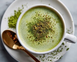 Matcha Latte Art - Frothy Green Tea Beverage with Golden Spoon on Marble Plate.