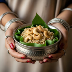 Woman holding bowl with traditional Indian food pongal, closeup