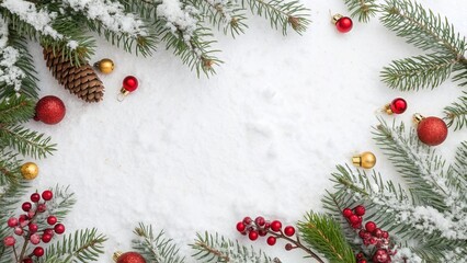 Snow Covered Pine Branches with Red Berries and Ornaments on White Background - 3