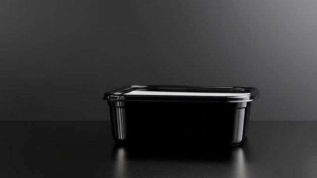 Black plastic food container on dark background mockup