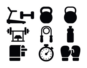 Set of fitness icons including treadmill weights jump rope stopwatch and boxing gloves