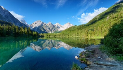pristine mountain lake reflecting peaks under a vibrant blue sky lush greenery surrounds the tranquil water