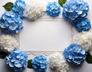 blue and white hydrangea flowers arranged with lace on a light background creating a frame for text or design