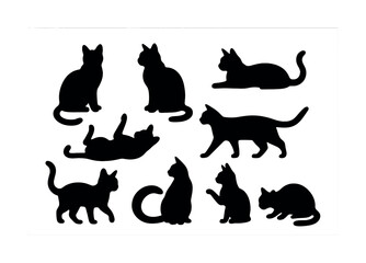 Various cat silhouettes in different poses on white background