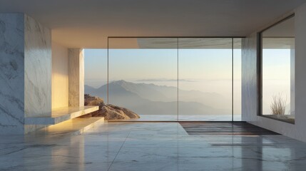 Minimalist Interior with Panoramic Mountain View and Warm Sunlight.