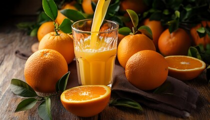 a refreshing scene featuring orange juice being poured into a glass surrounded by fresh oranges