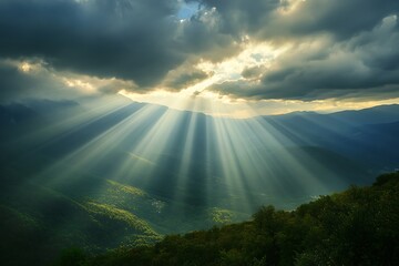 Celestial rays illuminate a tranquil mountain landscape bathed in ethereal light, creating a breathtaking scene of nature's serene beauty.