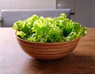fresh lettuce bowl with kitchen table