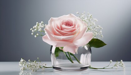 a single pink rose with delicate white flowers in a glass vase