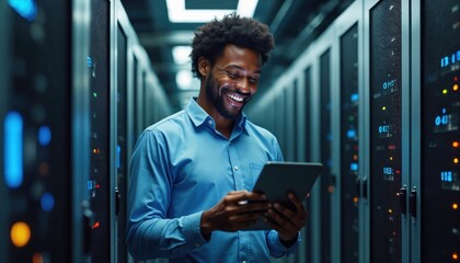 African American engineer uses tablet in server room. Modern data center with information storage, digital network. Man works with wireless mobile tech in electronic science, global business