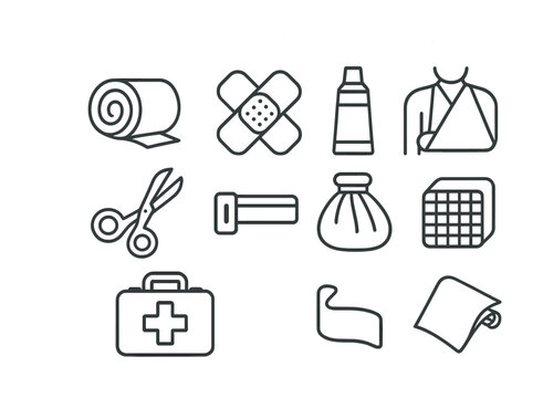 Essential first aid icons: bandage, scissors, sling, kit, ice pack, tape, gauze