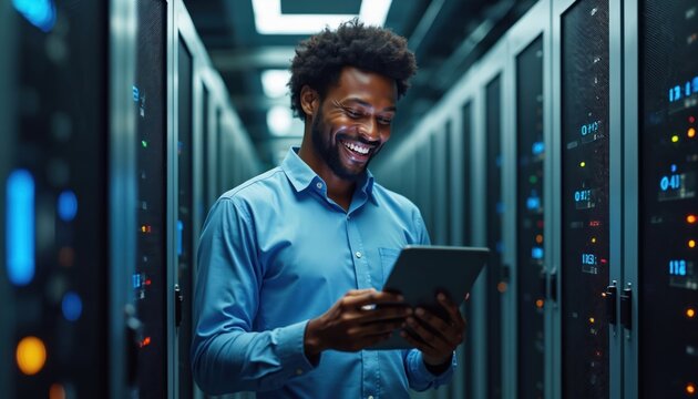 African American engineer uses tablet in server room. Modern data center with information storage, digital network. Man works with wireless mobile tech in electronic science, global business