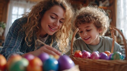 A woman and a boy are painting colorful eggs on the table, with the woman and the boy focused on the basket of eggs. The setting features natural light and eggs near the woman and