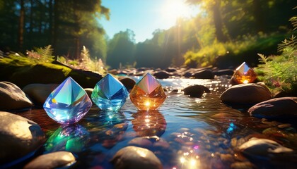 sparkling gems floating in a shallow stream reflections of sunlight