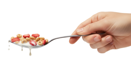 a hand holding a spoonful of cereal with milk and sliced strawberries.