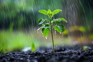 A tiny sprout bravely facing a summer downpour, thriving under the refreshing rain, a symbol of resilience and new life in a lush green setting.