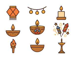Colorful diwali elements: diyas, candles, lantern, firecrackers, string lights