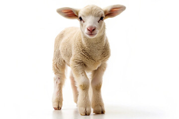 Fototapeta premium Adorable Lamb's Gentle Stance: A fluffy lamb, with its endearing gaze, stands in a portrait, showcasing its soft wool and innocent charm.