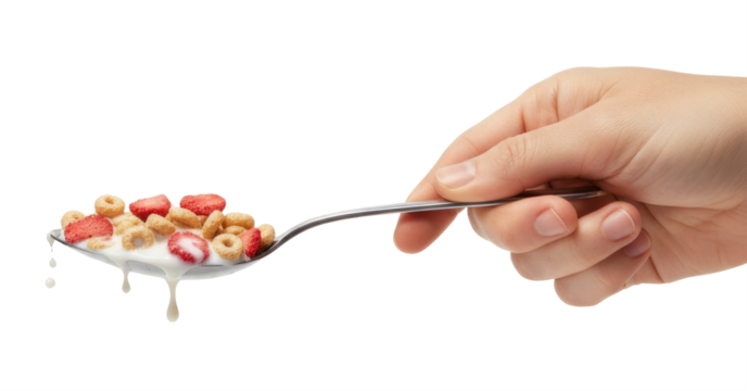 a hand holding a spoonful of cereal with milk and sliced strawberries.