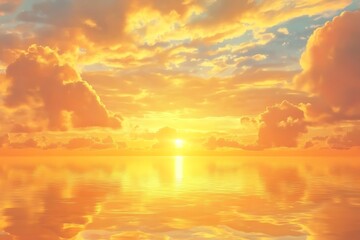 Golden hour serenity, a breathtaking sunset painting the ocean with warm, fiery hues and soft, dreamy clouds.