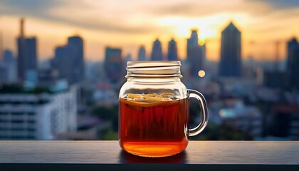 brewed tea in a glass jar out of focus city backdrop