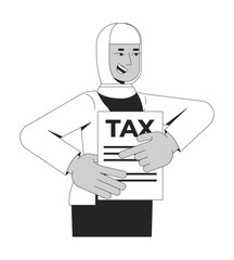 Smiling muslim hijab woman pointing at tax form 2D line character. Cheerful taxpayer in headscarf reminds about taxation submission isolated vector ink outline person. Monochromatic spot illustration