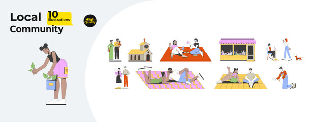 Local community lifestyle cartoon flat illustrations mega bundle. Picnic, coffee shop. Diverse people engaging in daily activities 2D images isolated on white. Collection vector drawings colorful