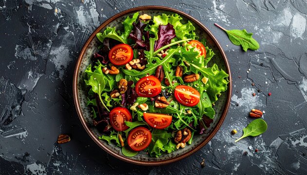 Fresh Salad with Tomatoes Lettuce and Walnuts on Dark Textured Background Top View Healthy and Colorful Food Ingredients for Delicious Dish