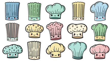 Delightful Variety of Chef Hats Collection with Cute Faces Culinary Kawaii Art