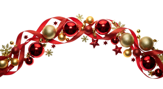 Elegant christmas arrangement with red and gold ornaments and ribbons isolated on transparent background, perfect for adding a touch of sophistication and festive cheer to holiday designs and celebrat - Powered by Adobe