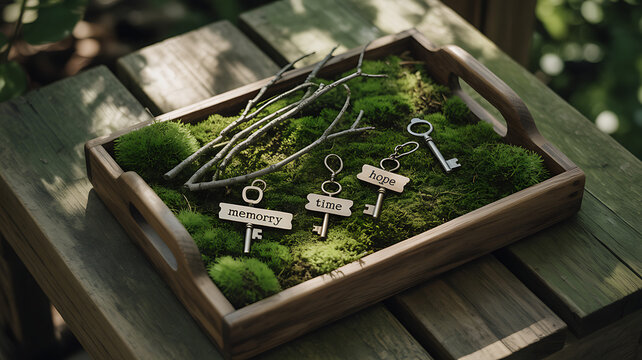 Vintage Keys with Memory, Time, and Hope Tags on Moss in Wooden Tray, Rustic Still Life Concept for Nostalgia, Remembrance, and Optimism in Nature