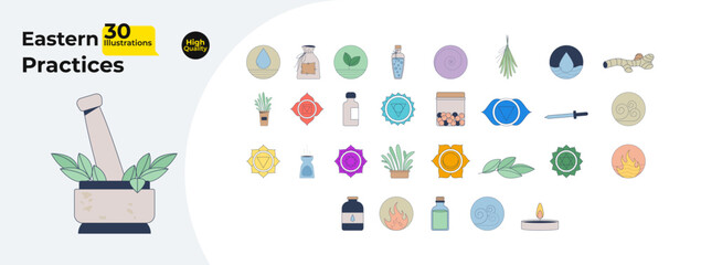 Eastern practices and spiritual symbols cartoon flat illustrations mega bundle. Chakras, herbal remedies, essential oils, meditation 2D images isolated on white. Collection vector drawings colorful