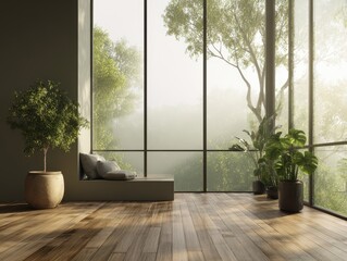 Tranquil Modern Interior with Panoramic Windows Framing a Misty Forest and Lush Greenery.