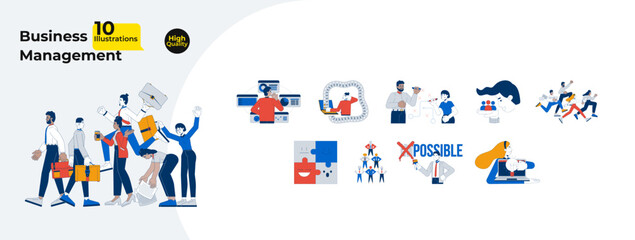 Business management and team collaboration cartoon flat illustrations mega bundle. Brainstorming, data analysis, overload tasks 2D images isolated on white. Collection vector drawings colorful