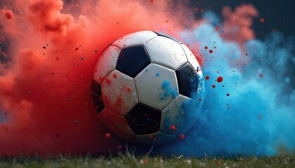Fototapeta premium Soccer ball in red and blue smoke explosion. Sportive game activity with dynamic action, intense energy, and motion blur. Dramatic event symbol.