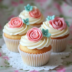 Delicate pink rose cupcakes adorned with pastel frosting, a charming treat perfect for a tea party or special celebration, showcasing soft, creamy swirls and a delightful presentation.