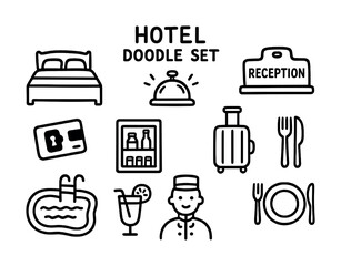 Hotel doodle set: bed, bell, reception, mini-bar, luggage, dining, pool, bartender